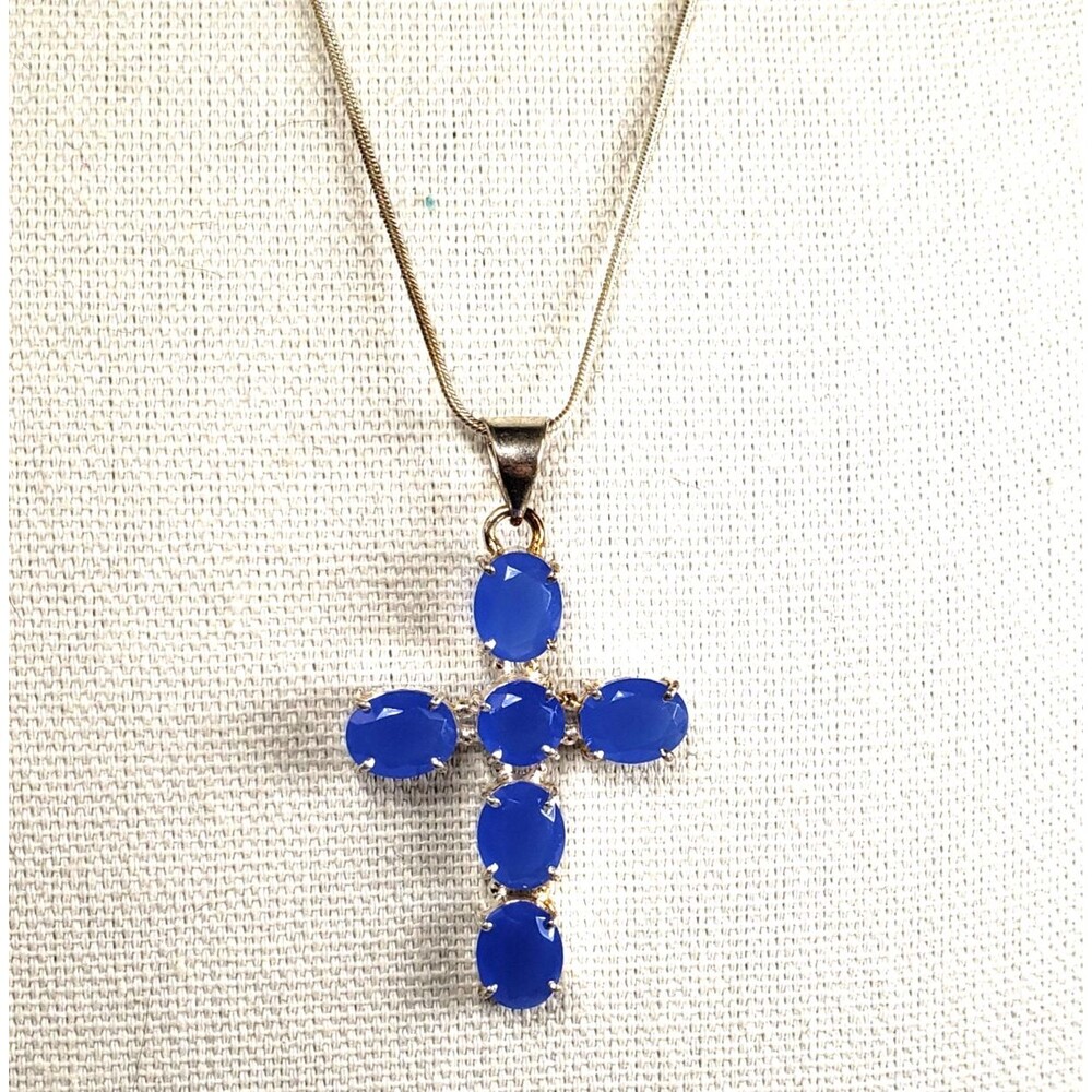 Vintage Silver Plated Prong Set Blue Chalcedony Cross Pendant 24" Necklace